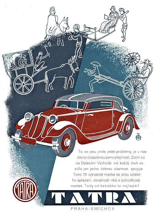 Affiche publicitaire pour la Tatra 75
La TATRA 75 fut la première 4 cylindres de la marque à réintroduire la calandre. Elle fut fabriquée en 4501 exemplaires.